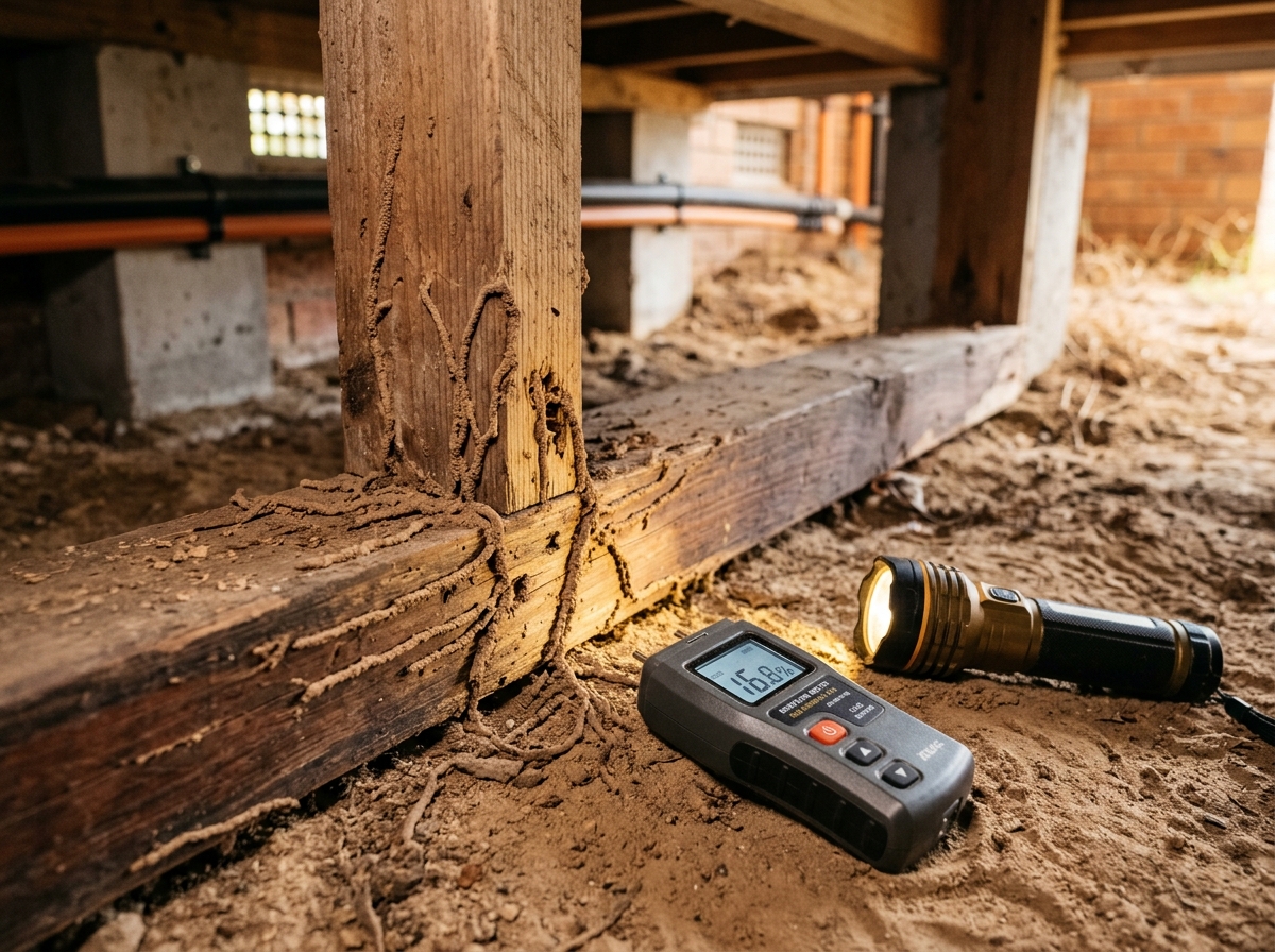 Weathered timber stud with termite mud tunnels and bite marks, beside a moisture meter and flashlight in a crawl space.
