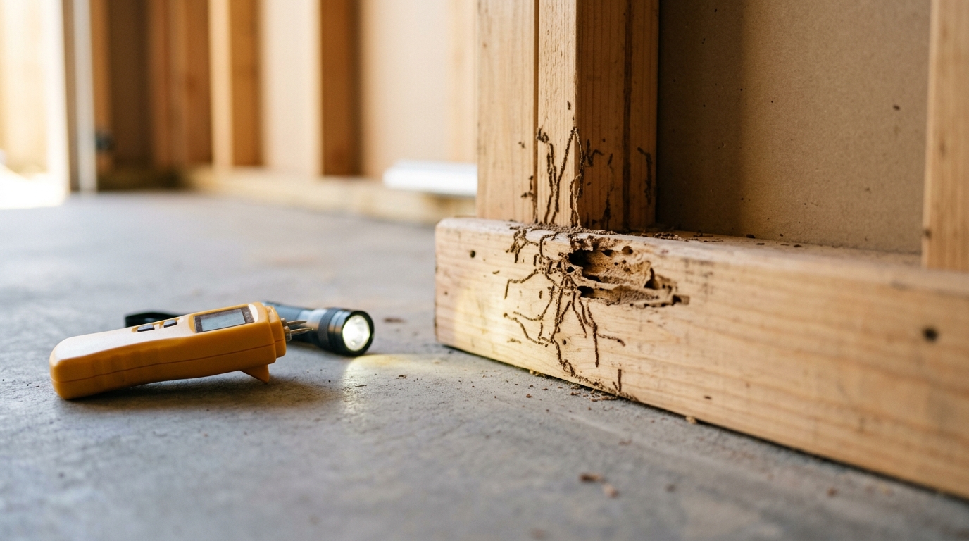 Timber wall stud with thin mud termite tunnels and hollowed, softened wood beside a moisture meter and torch on the floor.