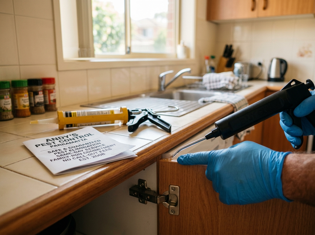 Gloved hand applies a thin bead of clear gel bait to a kitchen cabinet hinge, with an applicator and folded quote on the bench.