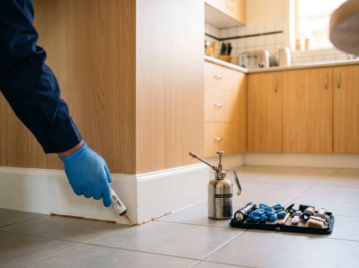 Gloved hand applying a thin line of gel bait along a kitchen skirting board, with a spray applicator and toolkit nearby.