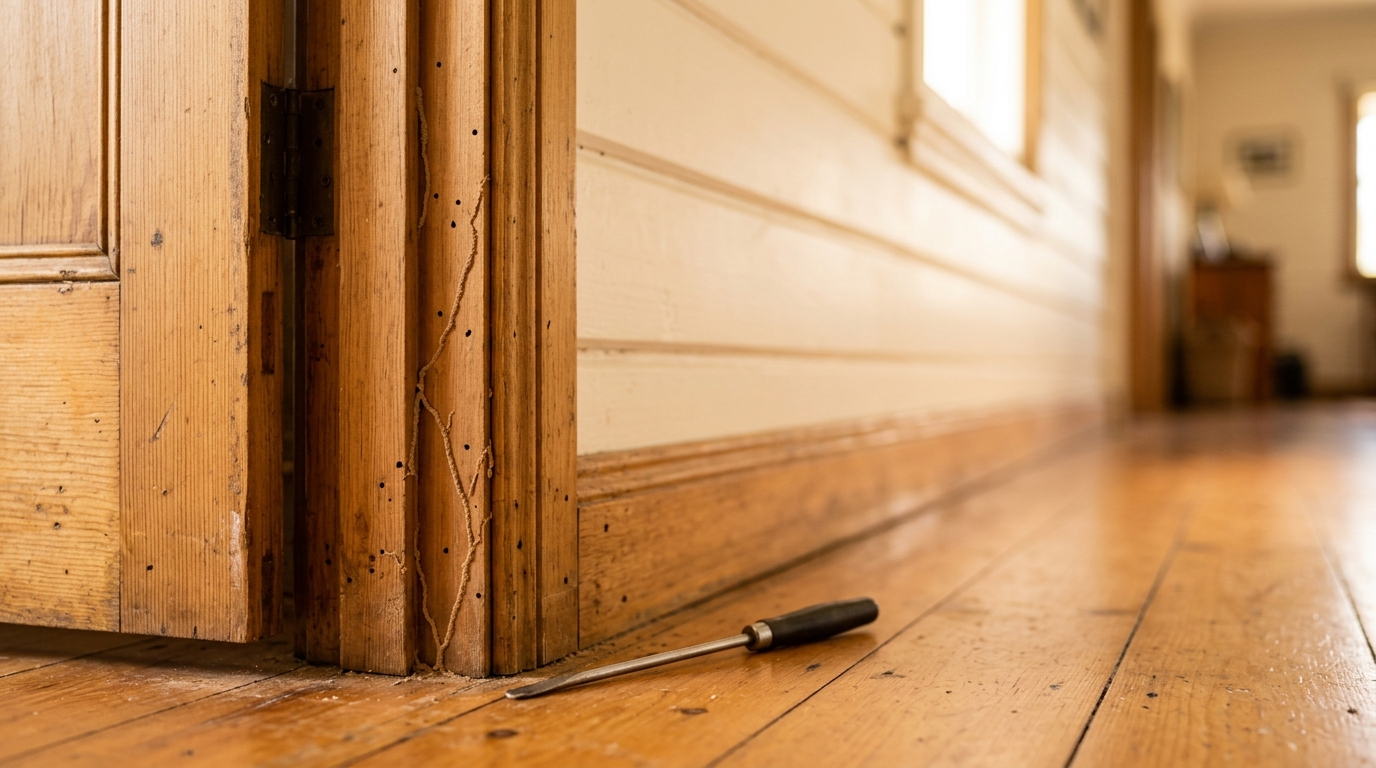 Close-up of a weathered timber door frame and skirting board with thin mud trails and small holes, beside a steel probe.