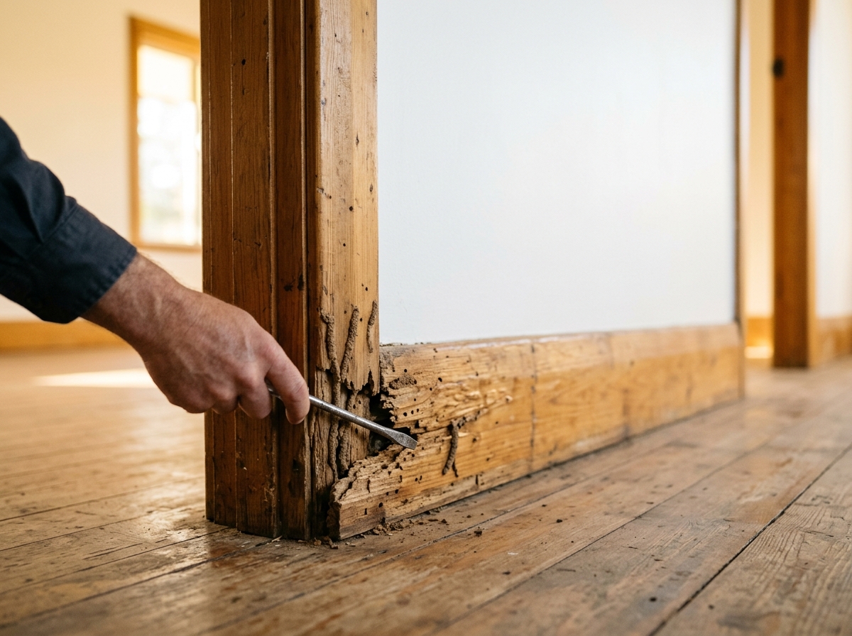 Flathead screwdriver probing a weathered skirting board and door frame with mud tubes and blistered wood in a bare hallway