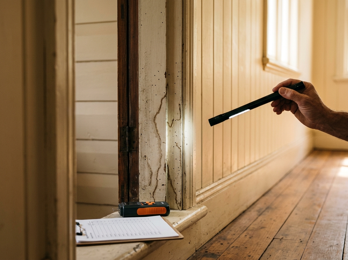 Flashlight beam rakes across a weathered timber door frame showing faint mud trails and pinholes; meter and clipboard nearby.