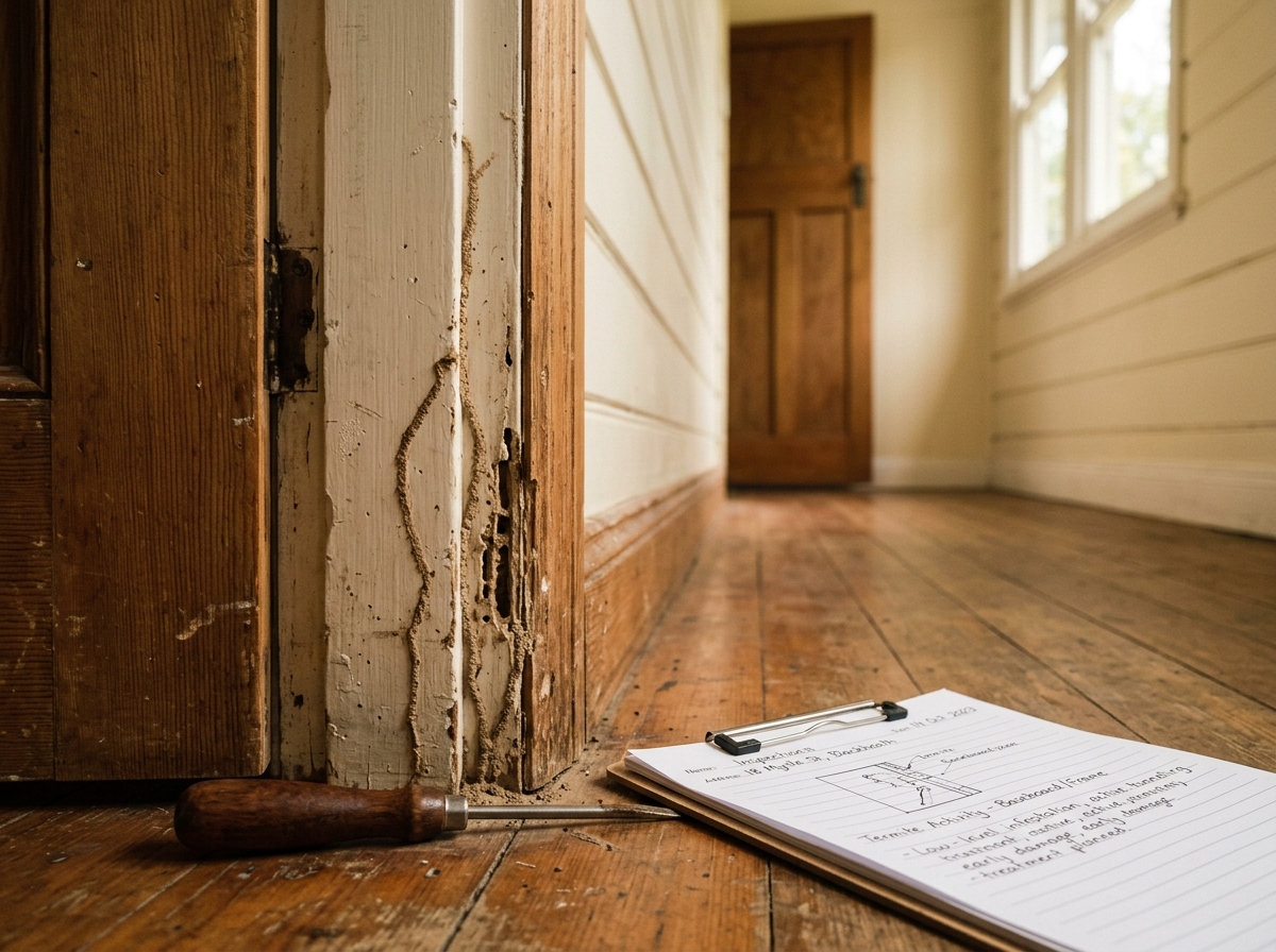 Close-up of a timber door frame and skirting board with faint mud tubes, a wooden probe and inspection clipboard on the floor.