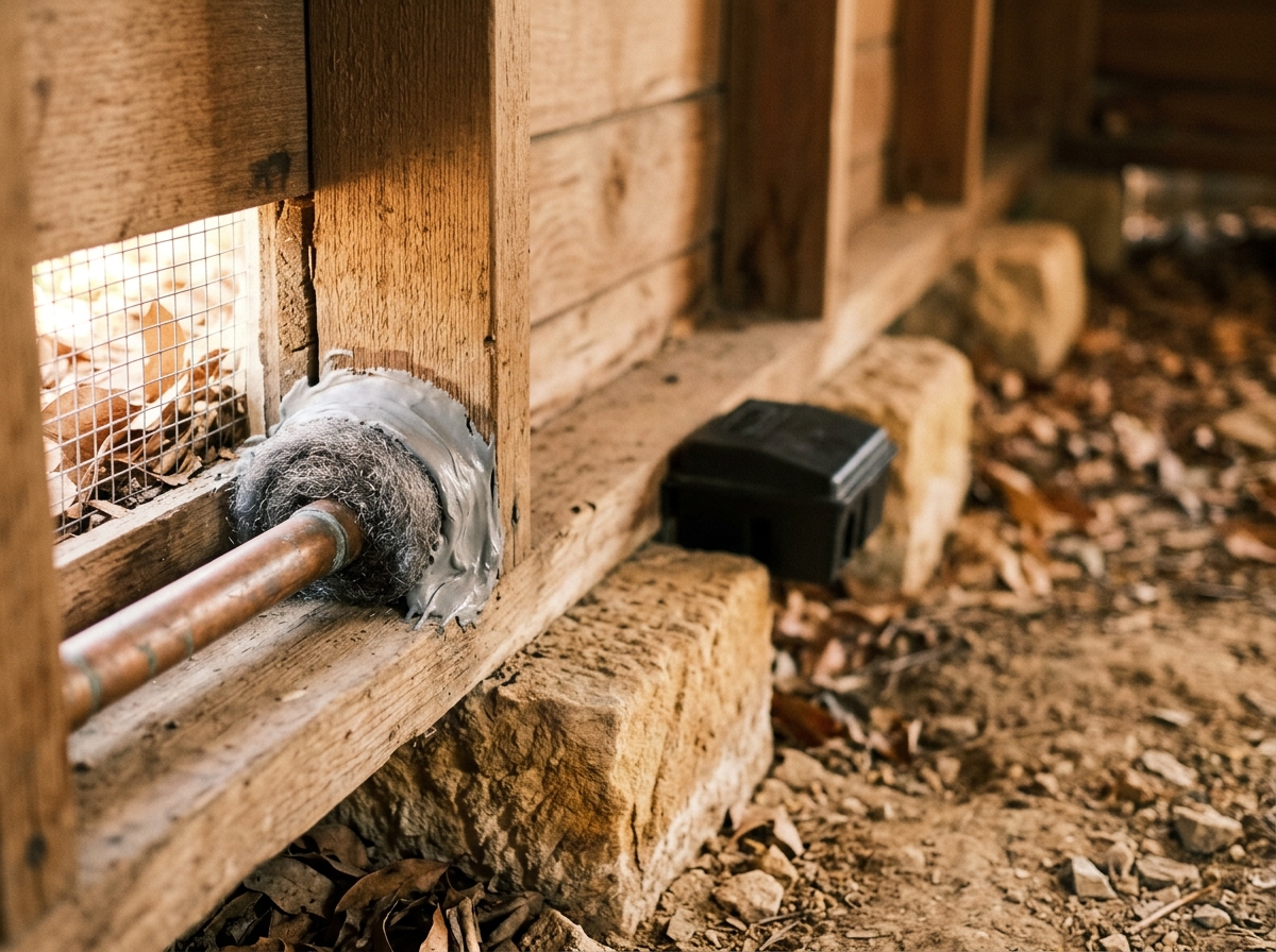 Copper pipe entering a timber wall, its gap sealed with steel wool and grey sealant, beside a black bait station in a crawl space.