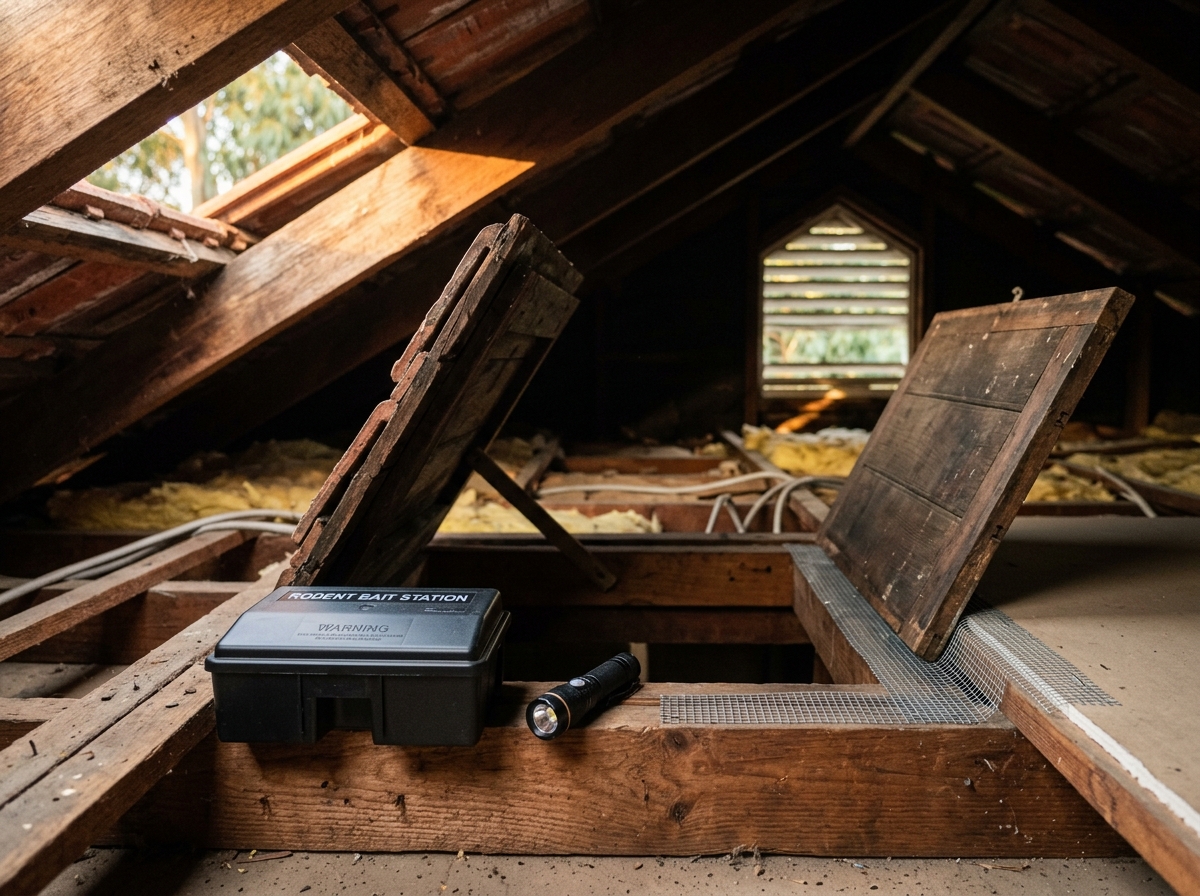Open timber roof hatch in a tidy attic with a bait station and torch on a rafter, steel mesh patching a gap, sunlight overhead.