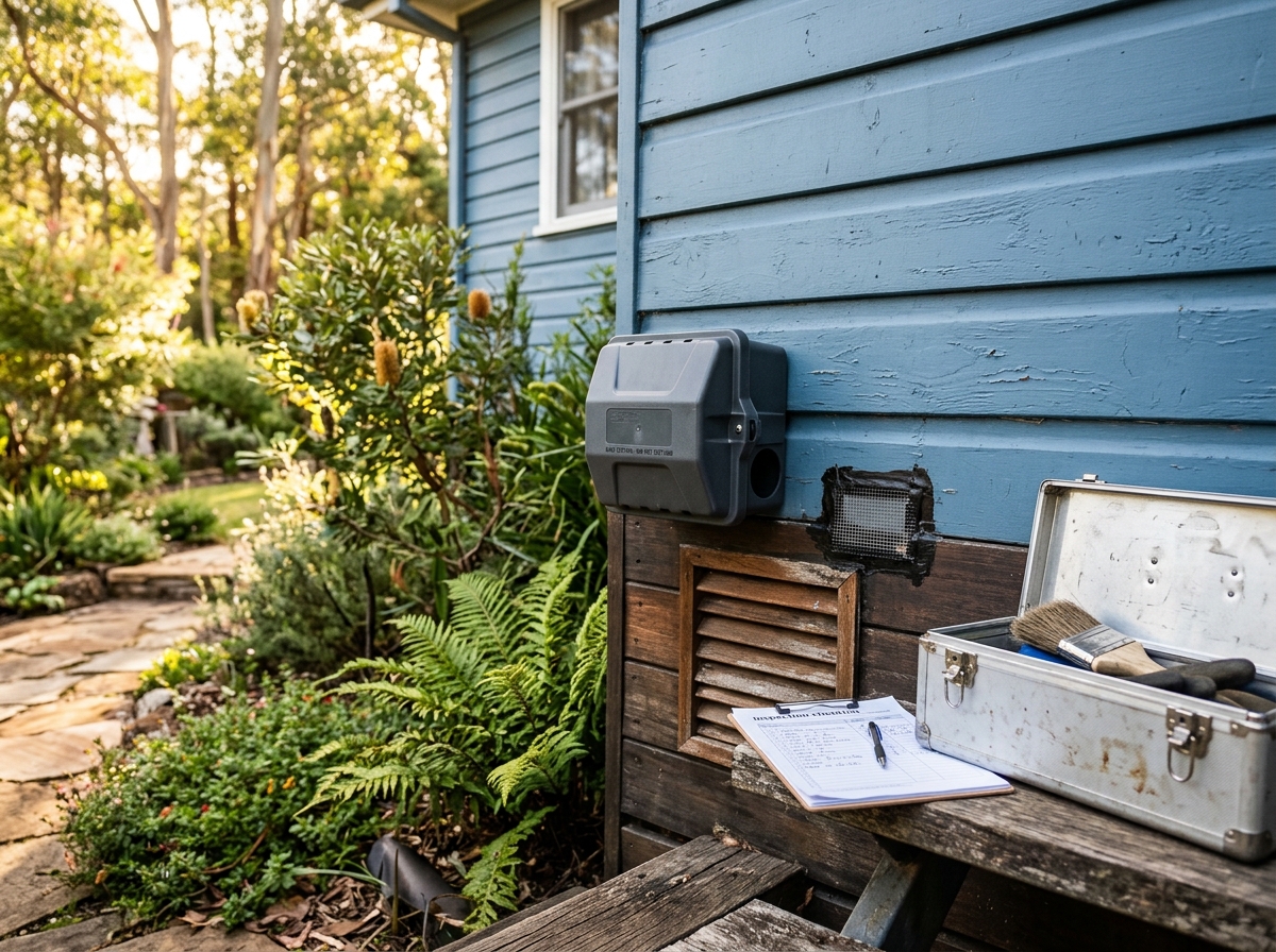 Bait station and sealed wall-gap repair beside a timber foundation vent, with a toolbox and checklist on a wooden step.