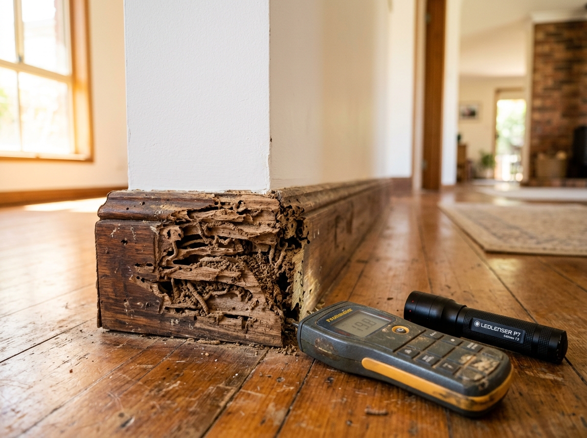 Termite-damaged skirting board with mud tunnels and hollowed grain, with a moisture meter and torch beside it on the floor.