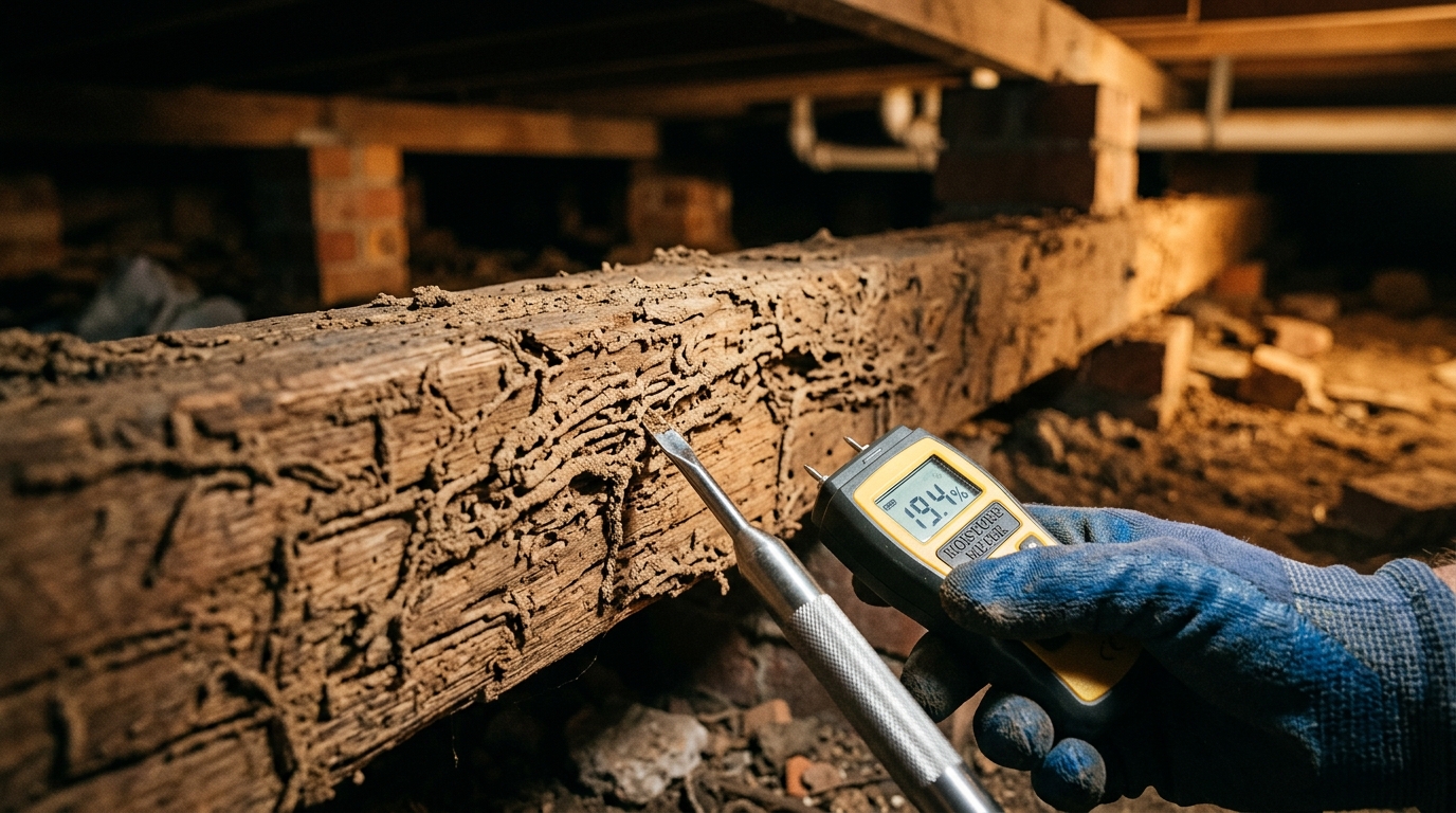 Torch-lit timber stud with mud-like termite tunnels, a steel probe and moisture meter beside it in a brick-pier subfloor.