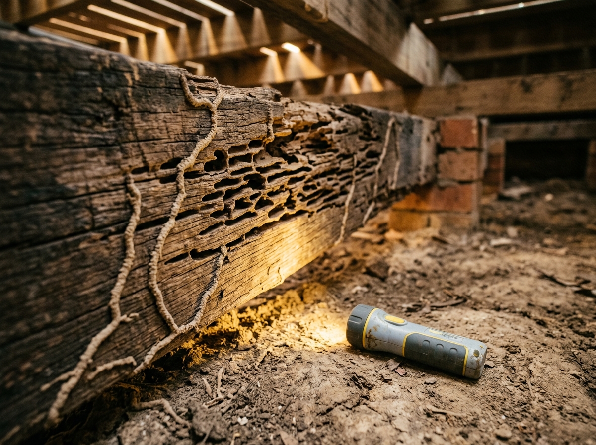 Weathered timber deck beam with honeycomb termite galleries and mud tubes, lit by a small LED torch beneath a raised deck.