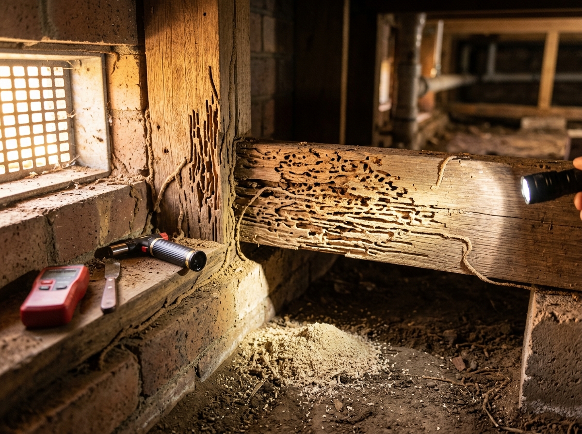 Flashlight beam across termite-eaten timber beam and stud with mud tubes and wood dust in a brick home's crawl space
