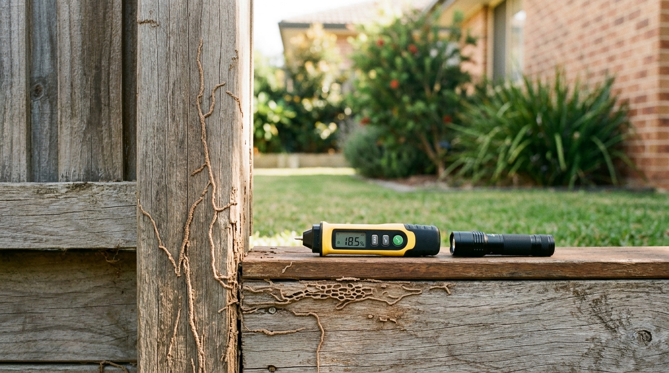Weathered timber fence post and deck beam with termite mud tubes and honeycomb damage, a moisture meter and flashlight resting on the wood.