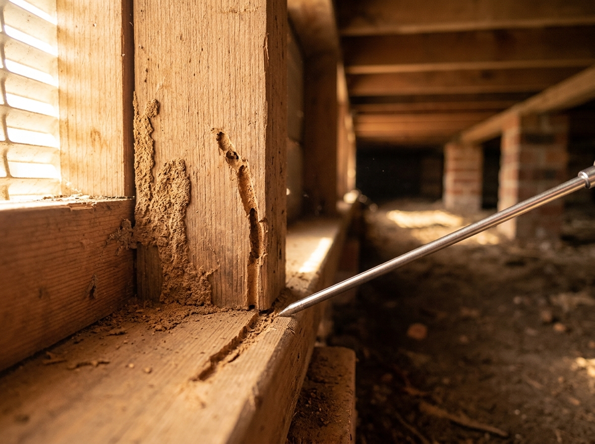 Close-up of a timber wall stud and skirting board with mud-like termite galleries and chewed channels, a steel probe beside them