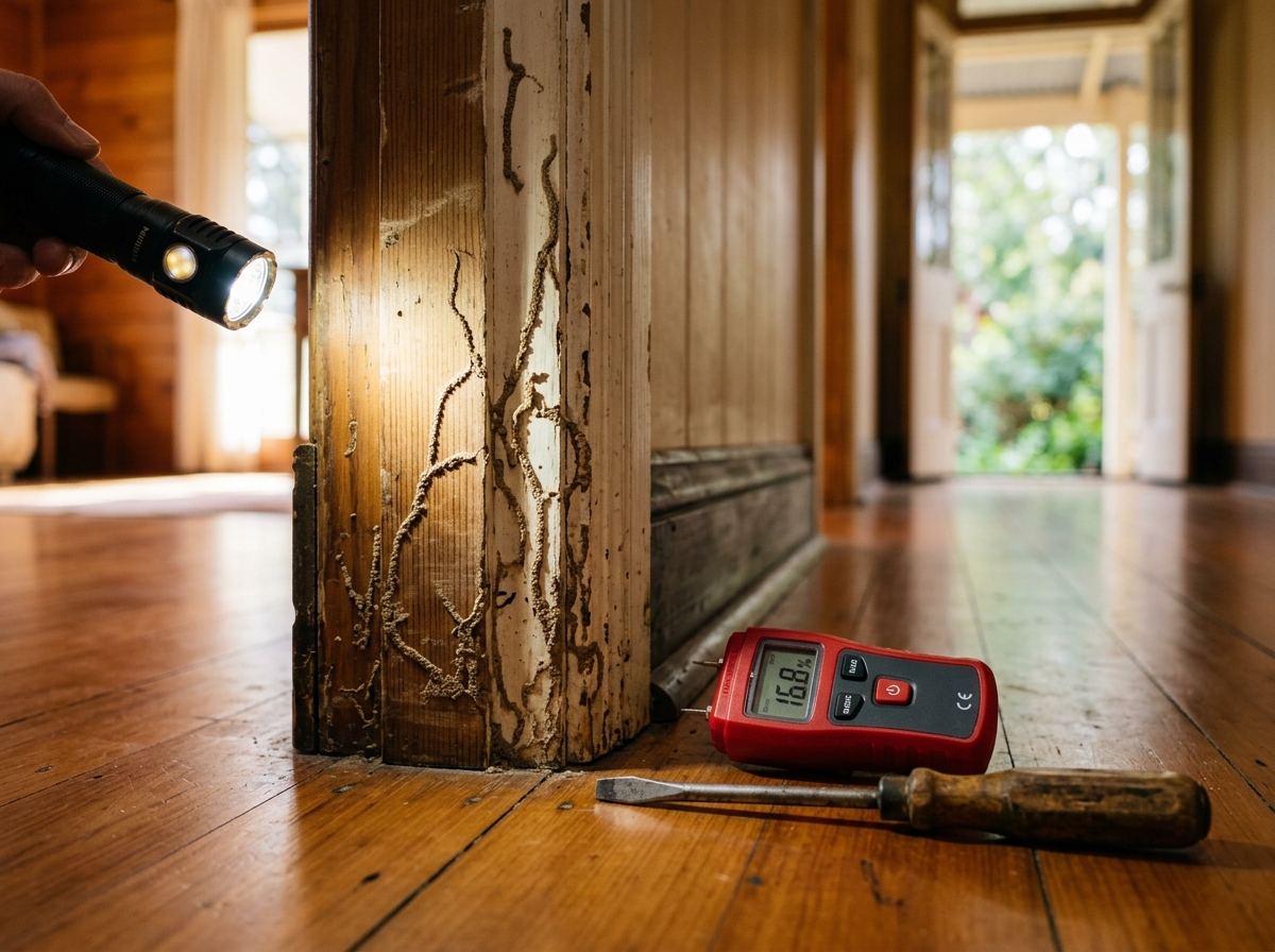 Flashlight beam across a timber door frame showing winding termite mud tunnels, with a moisture meter and screwdriver on the floor.