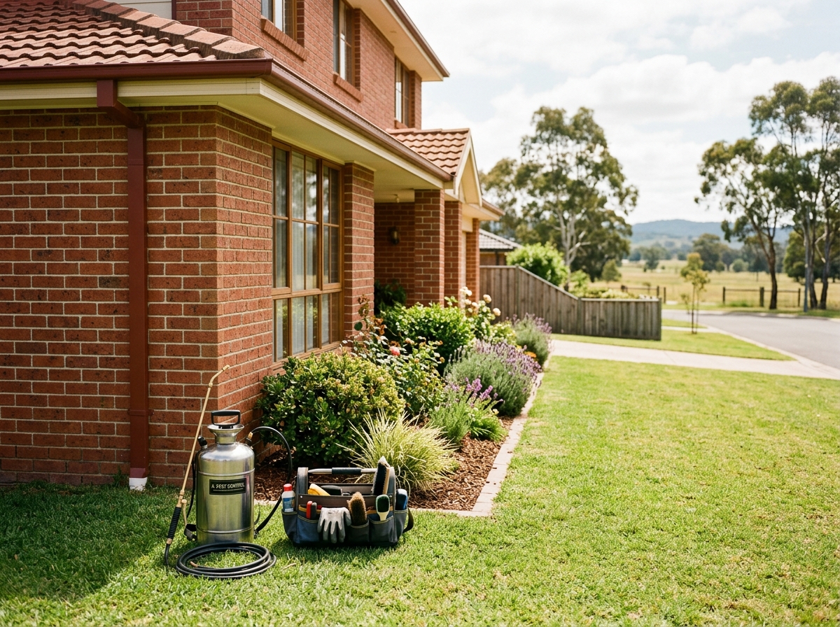 Brick house with a trimmed garden border; a pump sprayer and small toolkit rest on the lawn by the wall, gum trees beyond.