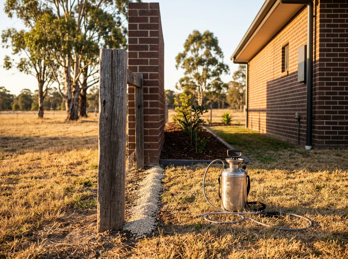 Granules lining a brick wall's base beside a garden bed, with a steel pump sprayer on grass and a timber fence post nearby.