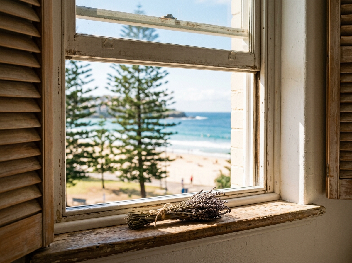 Sunlit weathered timber window frame with a small bundle of dried lavender on the sill, ocean and Norfolk pines softly blurred beyond.