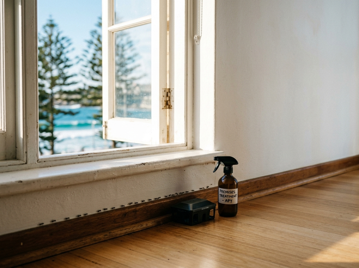 Sunlit beachside apartment window with a bait station and spray bottle on the skirting; an ant trail stops short of the edge.