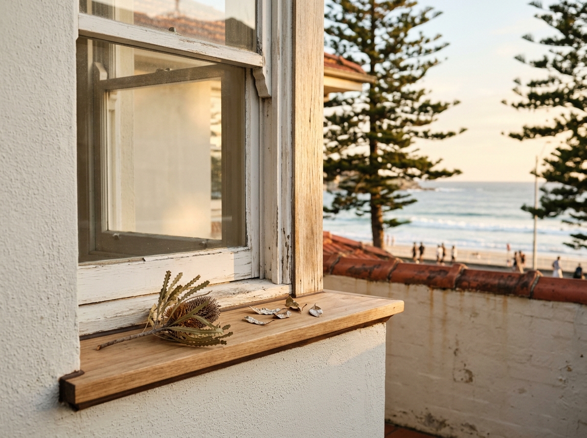 Weathered timber window frame with a freshly treated sill, banksia sprig and dried leaves beside it, ocean softly blurred behind.
