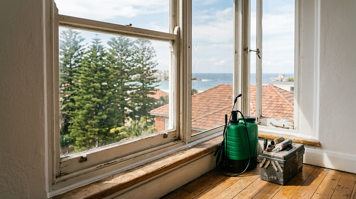 Ajar white timber window with flyscreen, sealant along its edge, and a backpack sprayer and toolkit on the sill, ocean beyond.