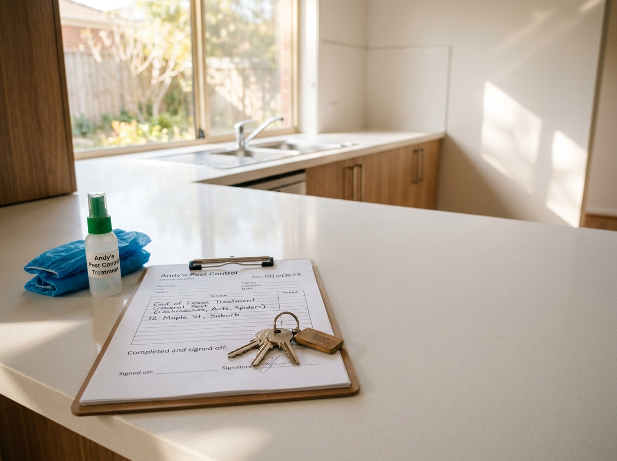 Pest control invoice on a clipboard with house keys, a spray applicator and blue shoe covers on a bare kitchen counter.