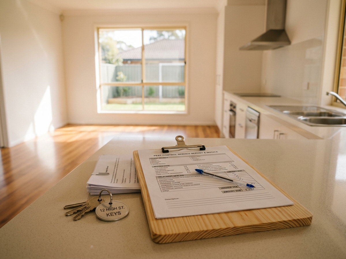 Pest control invoice on a wooden clipboard beside house keys and paperwork on a kitchen bench in an empty, clean home.