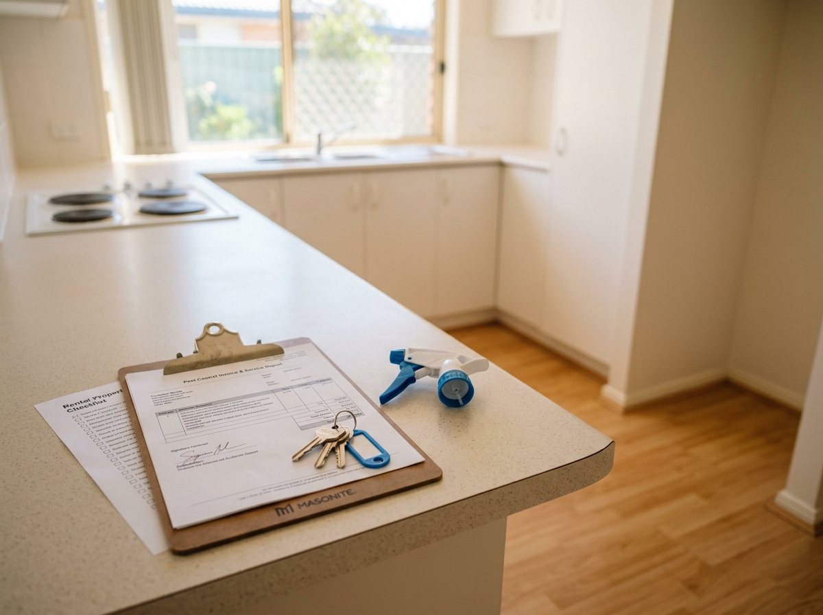 Pest control invoice on a clipboard beside a spray applicator and a checklist topped with house keys on a kitchen bench.