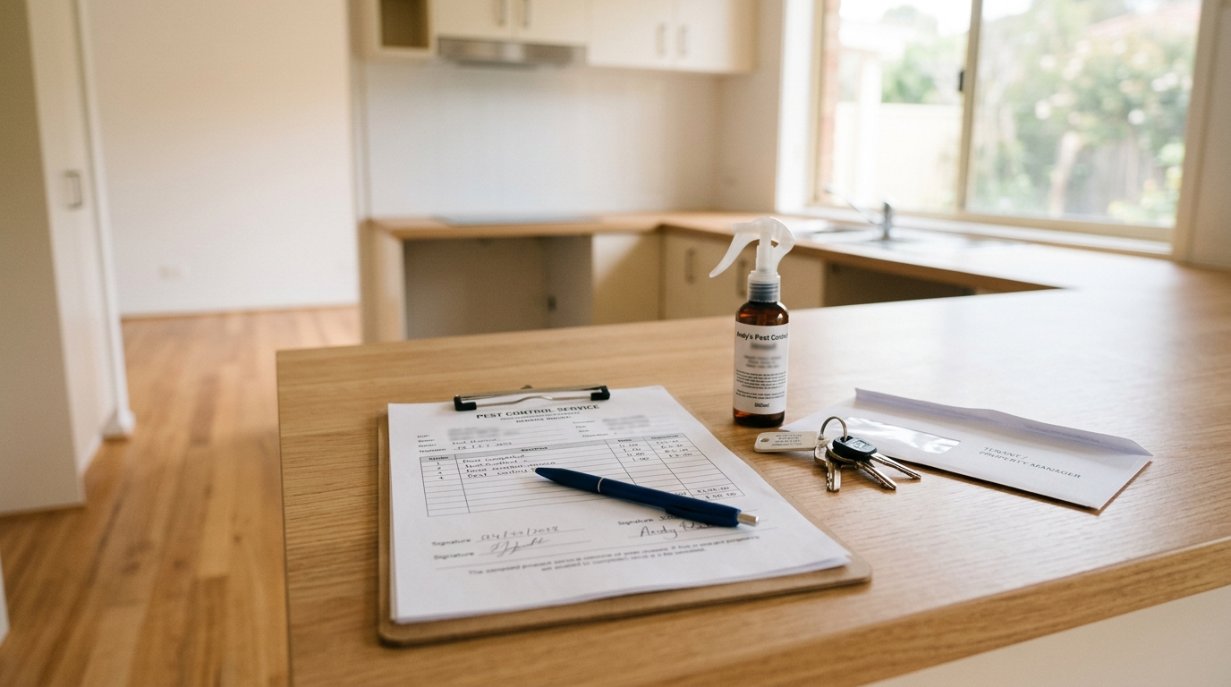 Completed pest control invoice on a clipboard with a pen, beside a spray bottle, keys and sealed envelope on a bare kitchen bench.