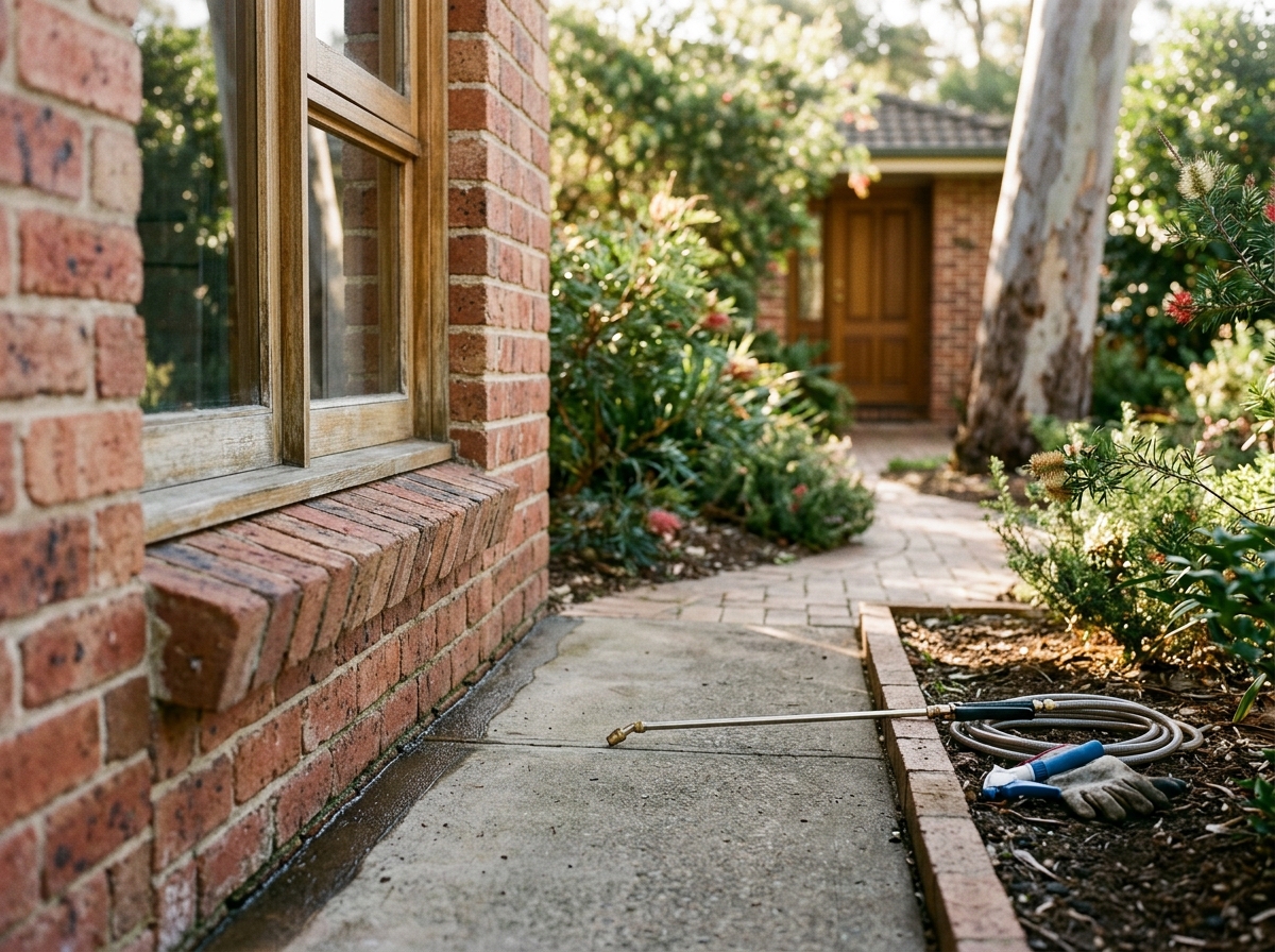 Treated timber window frame and sill on a brick home, with a sprayer wand beside the garden bed in dappled morning light