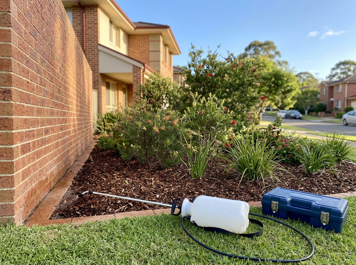 Freshly treated strip along a brick home's base, with a white sprayer wand on the lawn beside mulched garden beds and a toolkit.