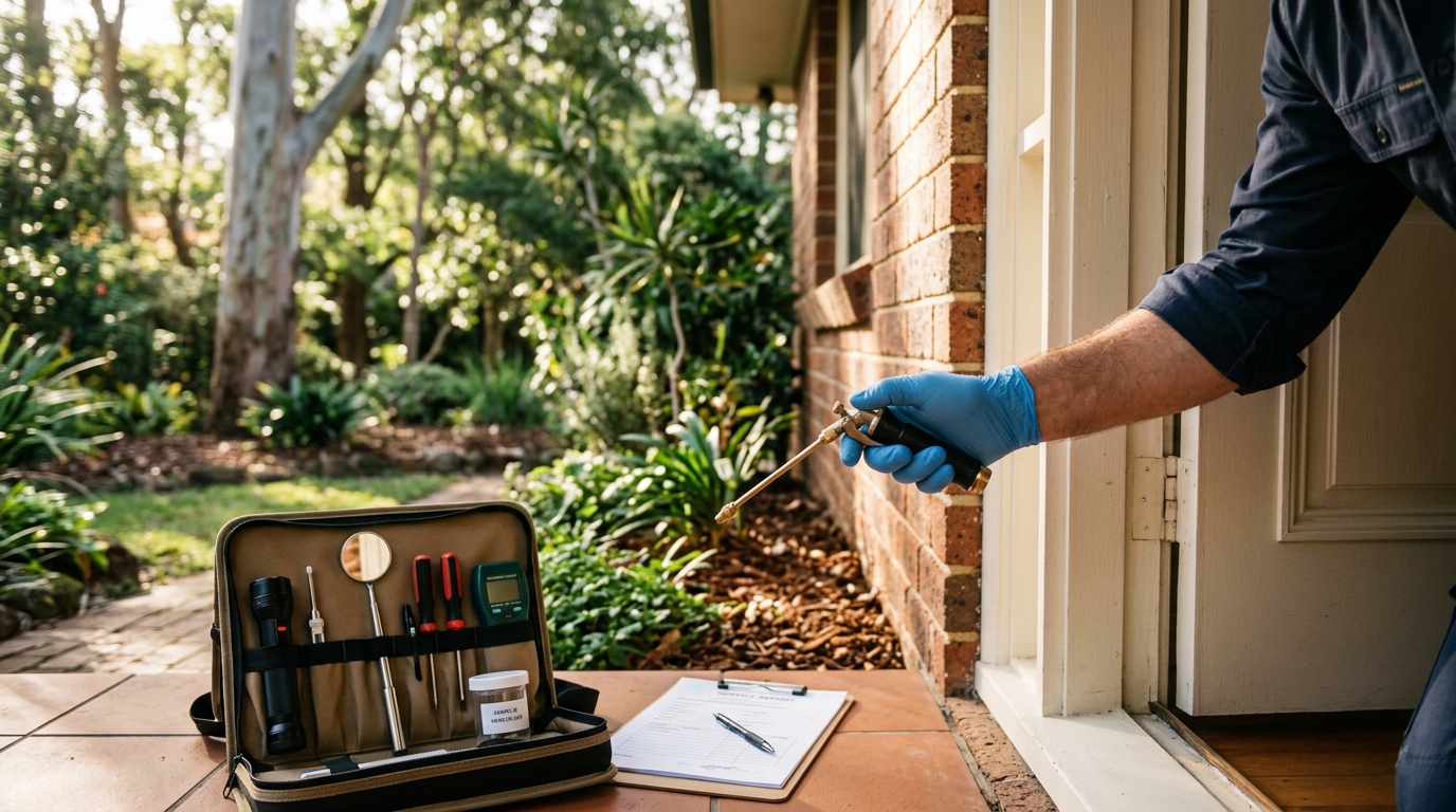 Gloved hand holds a pump-spray applicator by a timber door frame, with an open toolkit and clipboard on the veranda floor.