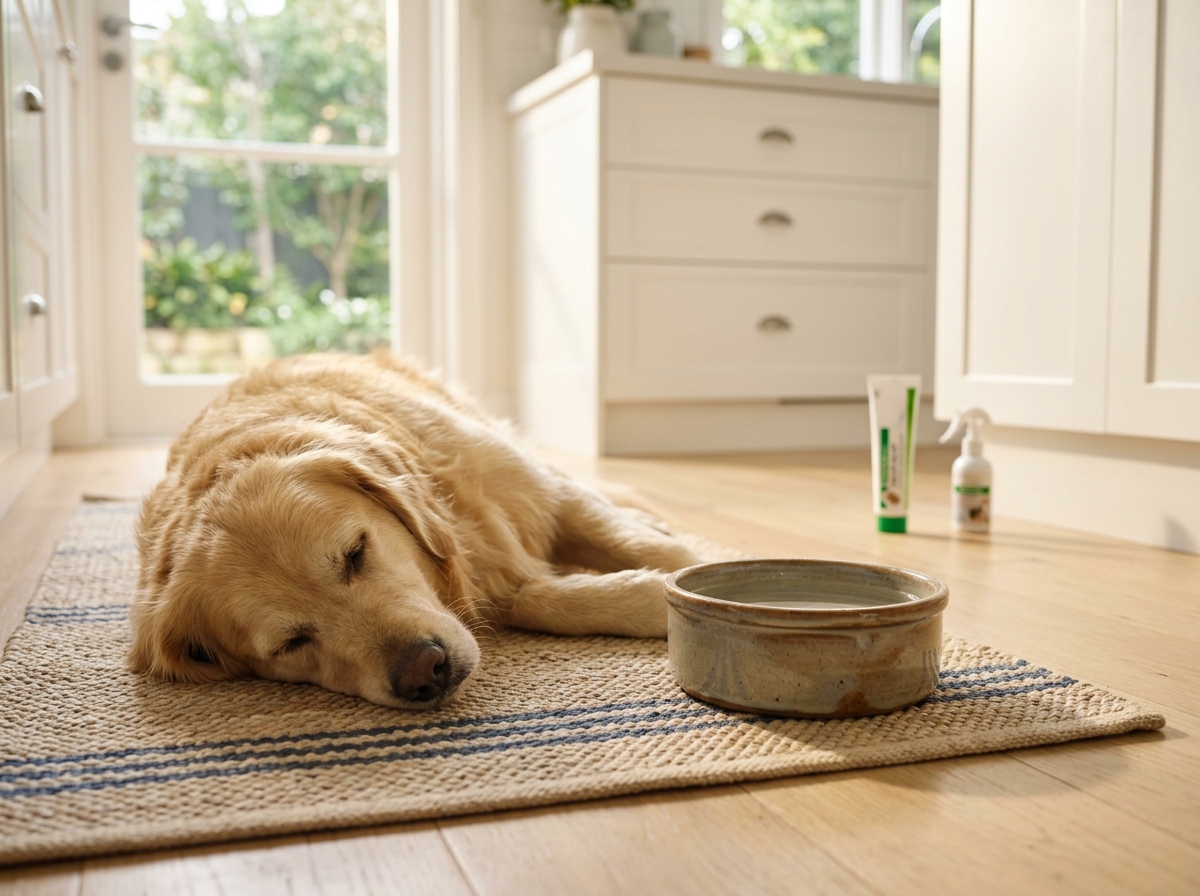 Golden retriever asleep on a woven rug beside a water bowl in a bright kitchen, with a gel bait tube and spray bottle behind.