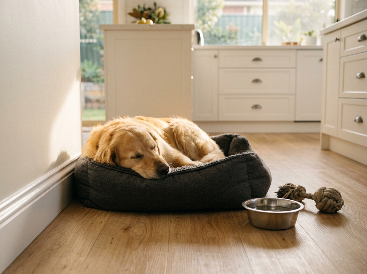 Golden retriever asleep on a plush dog bed beside a clean kitchen baseboard, with a water bowl and chew toy nearby.