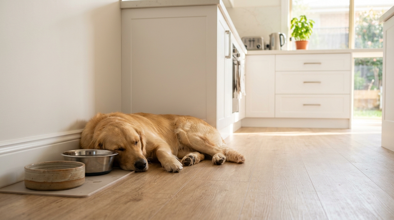 Sleepy golden retriever lying on a timber-look kitchen floor beside a steel water bowl and ceramic dish in morning sunlight