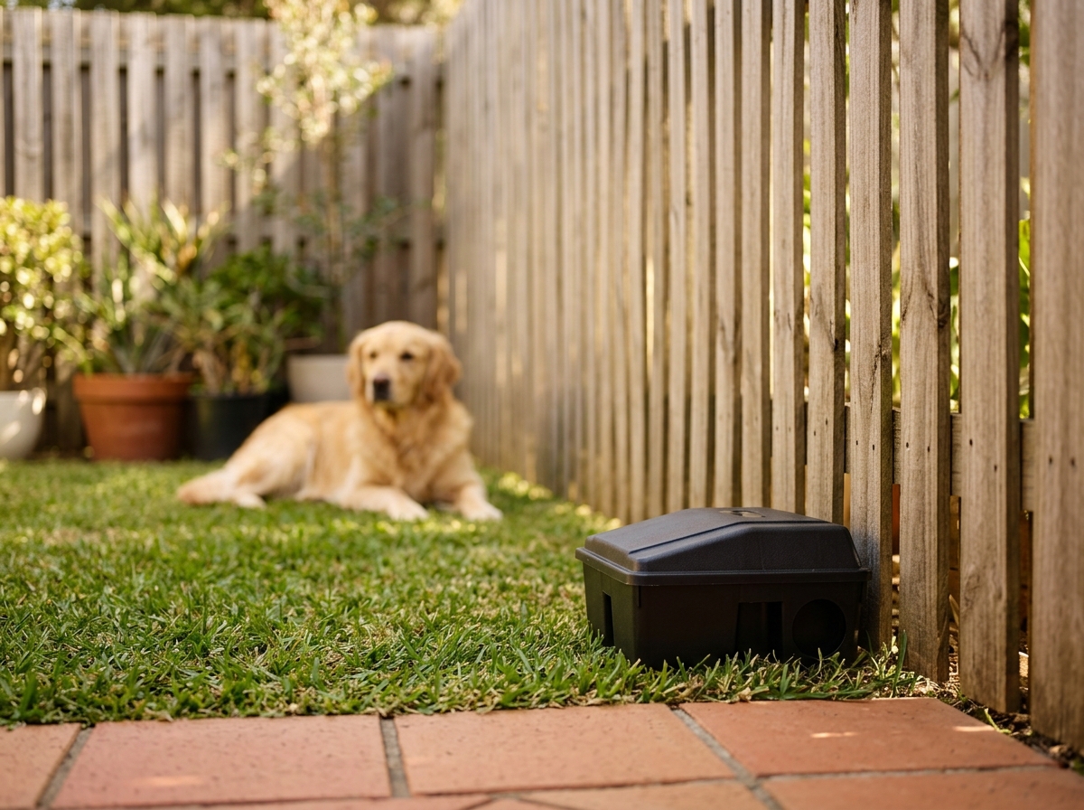 Closed black bait station against a wooden fence in a sunny backyard, a golden retriever resting on the lawn behind.