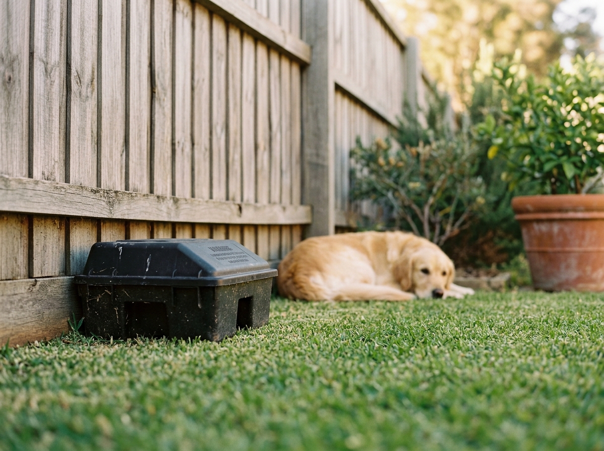 Black rat bait station against a timber fence, with a golden retriever resting on the lawn in the blurred background.