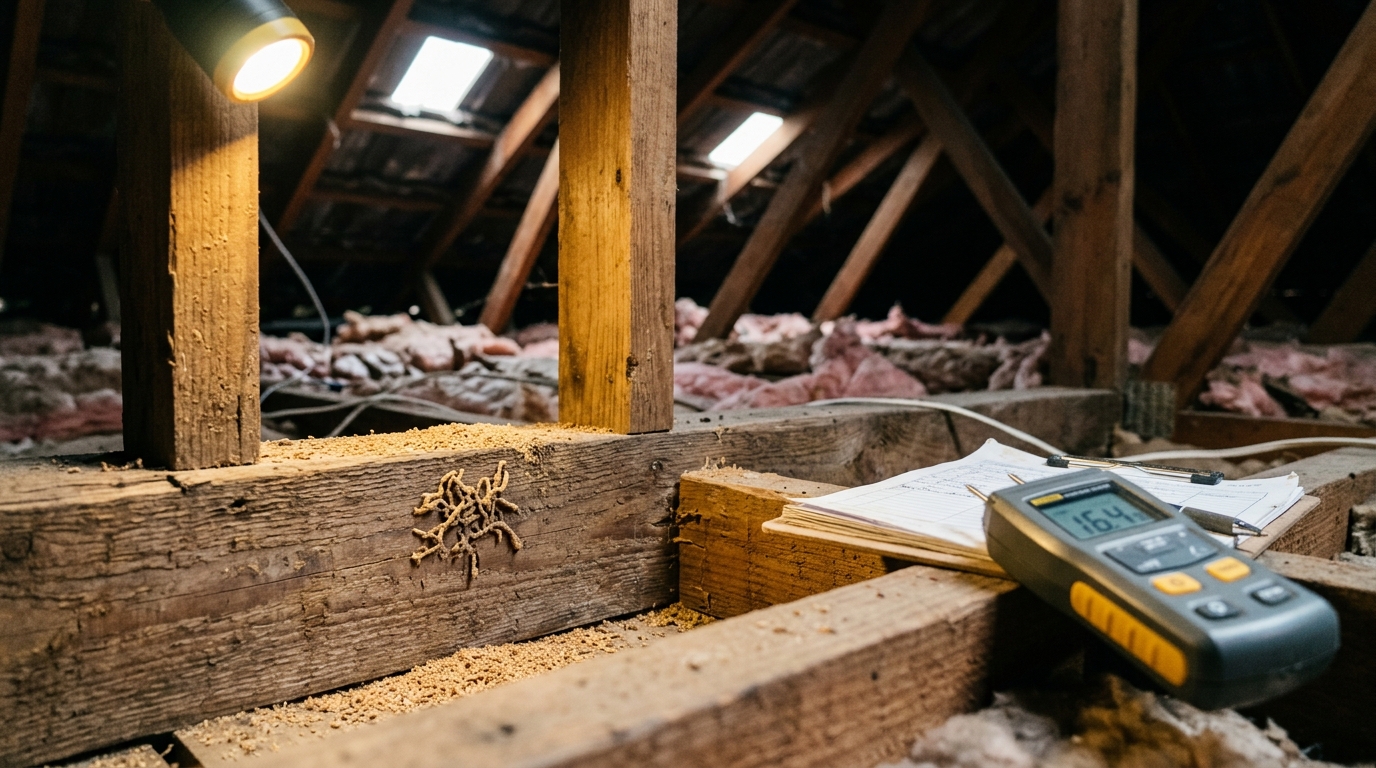 Torch-lit timber beam in a roof cavity with fine frass and mud tunnel traces, beside a clipboard and moisture meter on a joist.