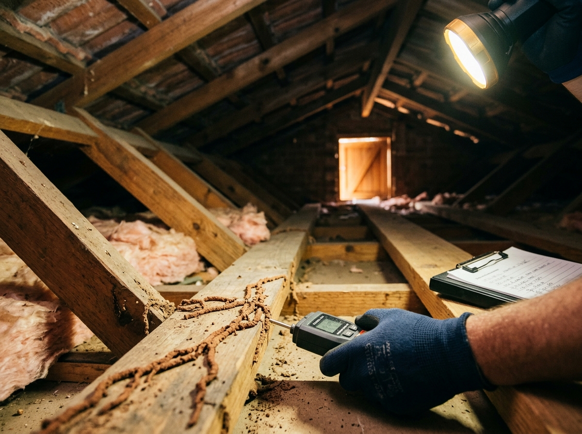 Torch beam lights mud tubes on a roof-void rafter as a gloved hand holds a moisture meter beside pink insulation batts.