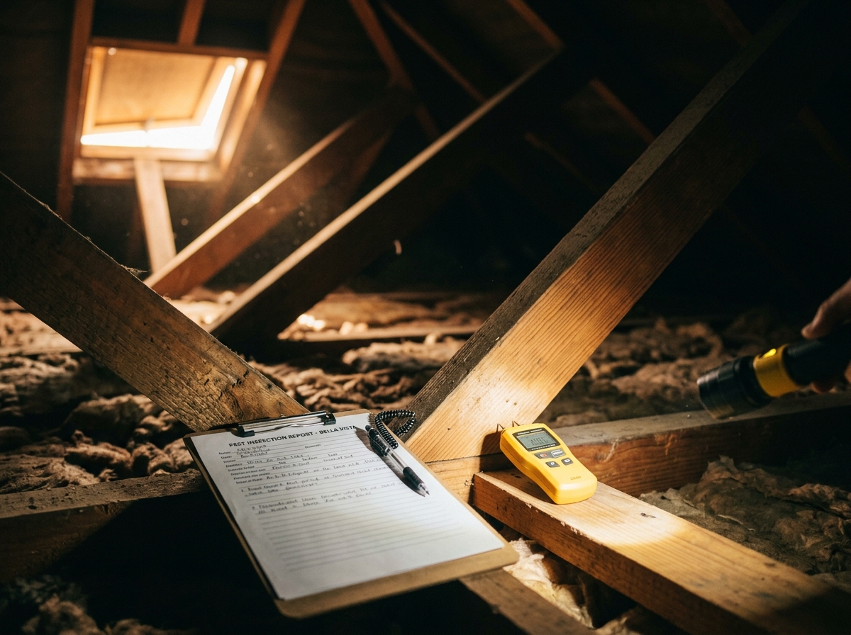 Torch beam lights timber rafters and wall framing in a roof cavity, with a moisture meter and inspection clipboard nearby.