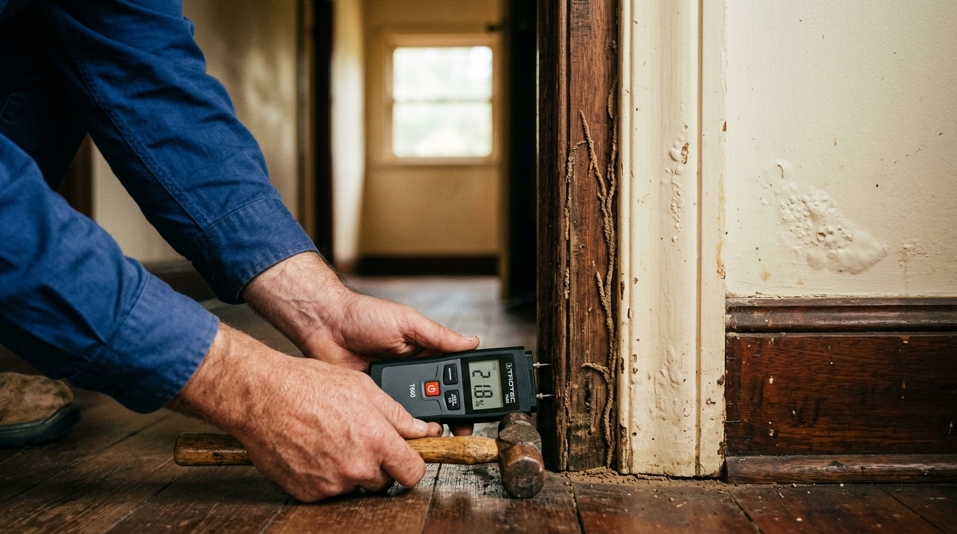 Moisture meter and tapping hammer rest against an old timber stud, showing fine mud tubes and bubbled paint on the frame.