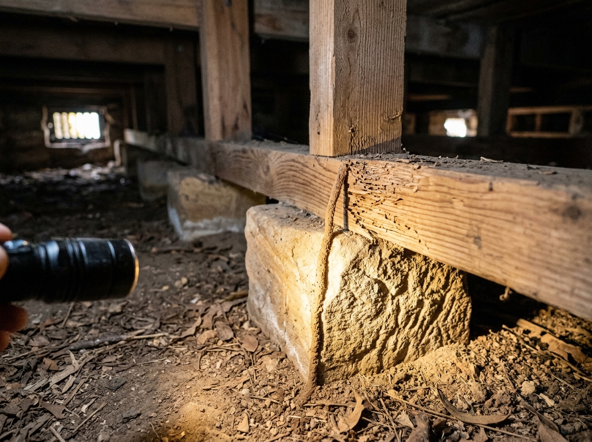 Torch beam lights a timber joist with surface damage and a termite mud tube climbing a sandstone pier in a subfloor.