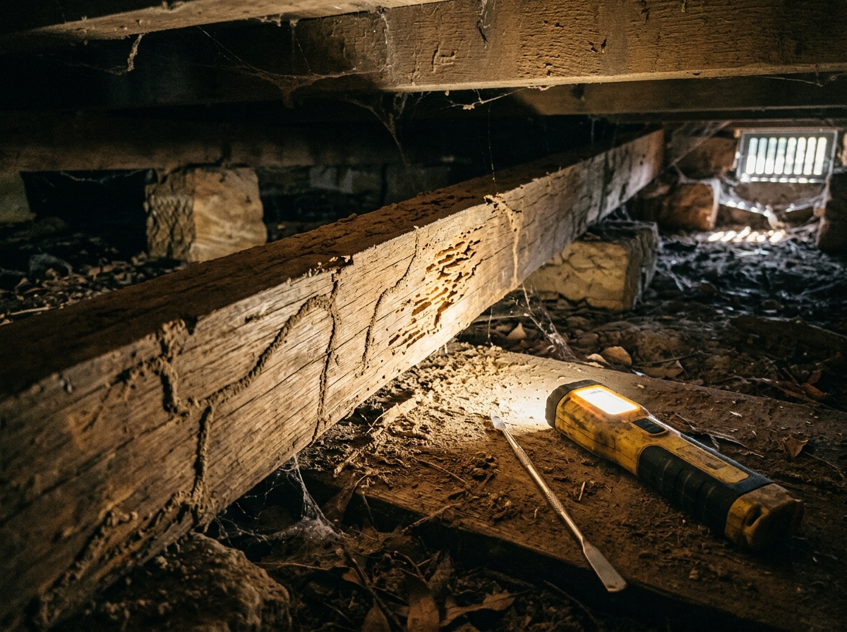 Torchlight reveals mud tubes and honeycombed, softened wood on a timber joist in a dusty crawl space with sandstone piers.
