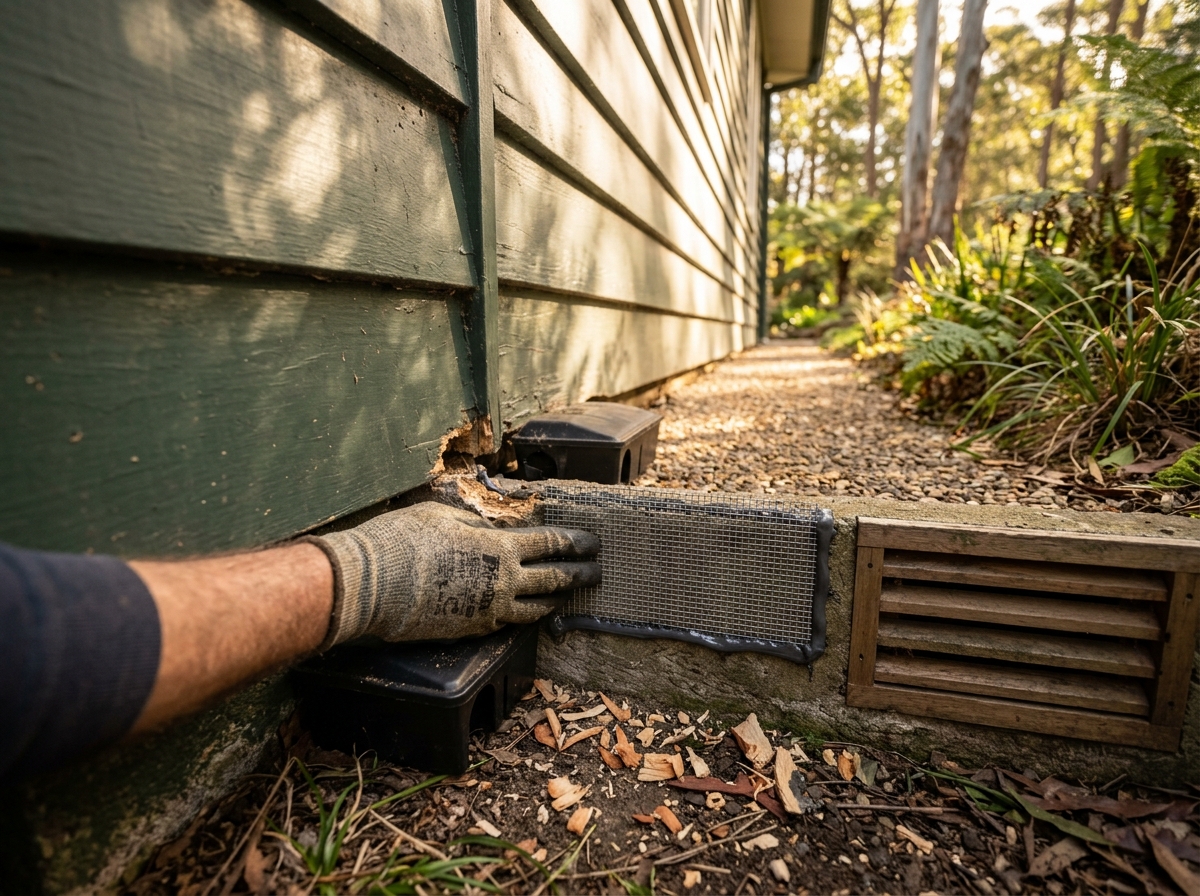 Gloved hand presses steel mesh and sealant over a gnawed gap at the base of a weatherboard wall, with a bait station nearby.