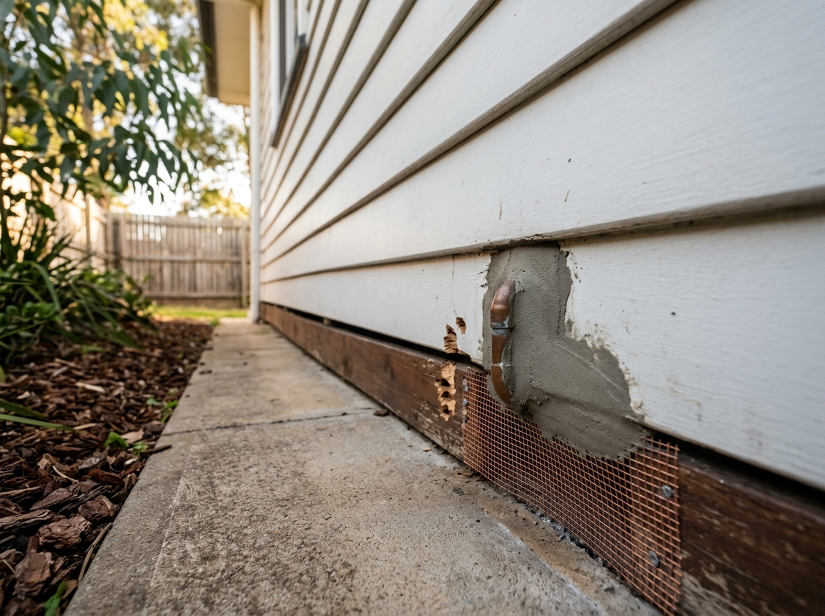 Copper mesh and cement patch sealing a gap around a pipe at the base of a weatherboard wall, with small gnaw marks on nearby timber.