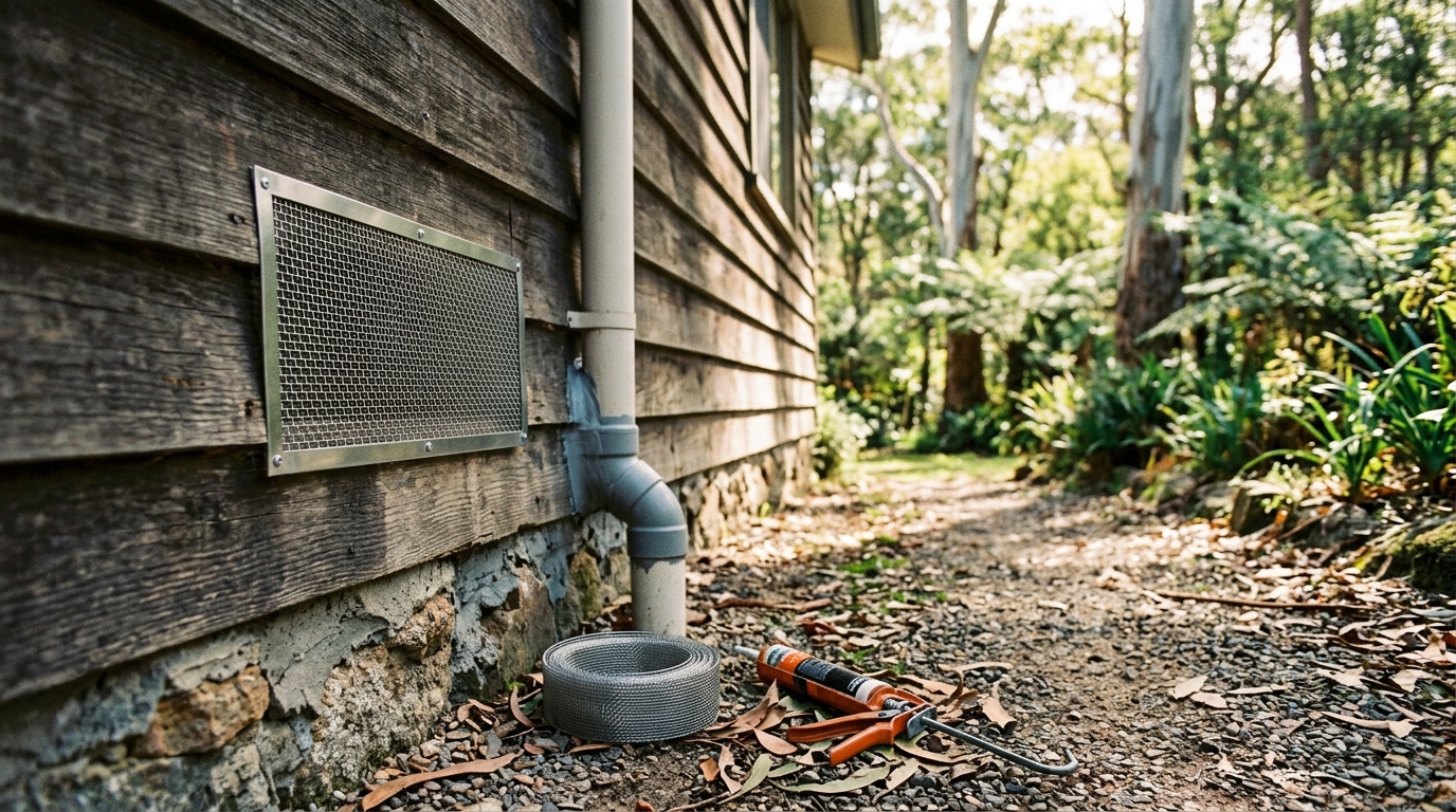 Weathered timber house wall with a new steel mesh vent cover and sealed downpipe gap; wire mesh and caulking gun on the ground.