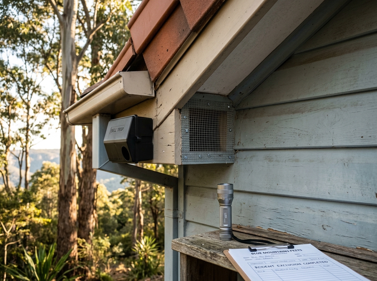 Steel-mesh patch over a fascia gap at a roof eave, with a bait station, clipboard and flashlight on a ledge beside it.