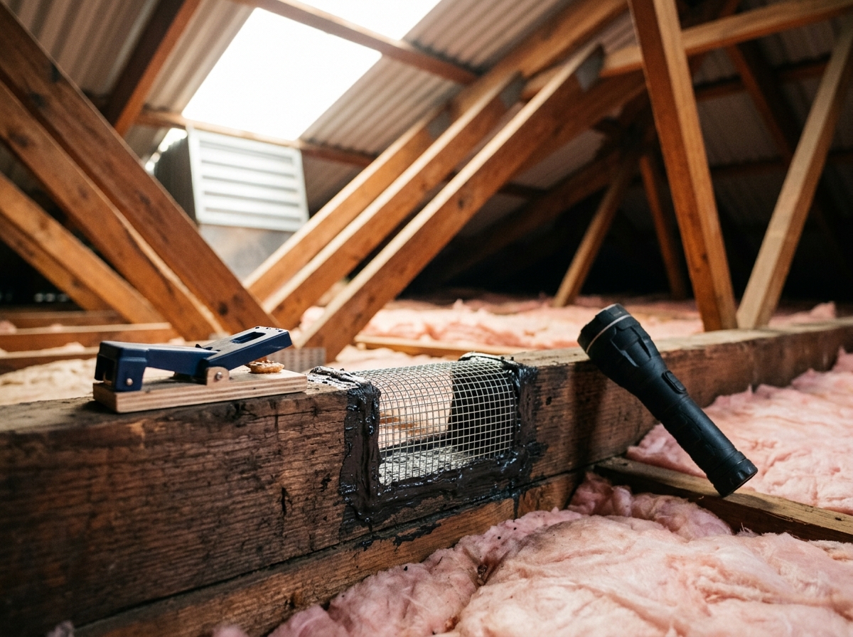 Rat trap and steel mesh repair patch beside a gap in a timber roof beam, with an inspection torch in a tidy, well-lit roof cavity.