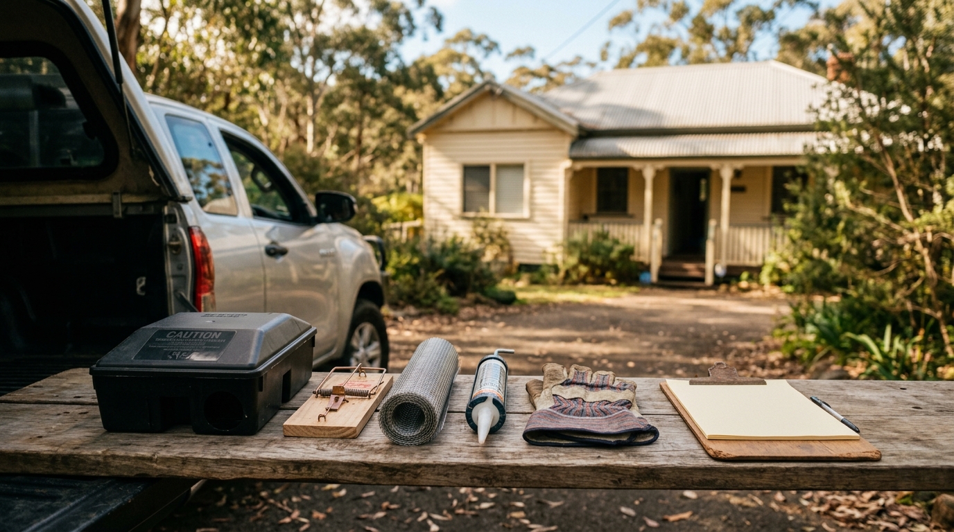 Rodent control tools, including a bait station, snap trap, steel mesh, sealant and gloves, laid out on a ute tailgate.