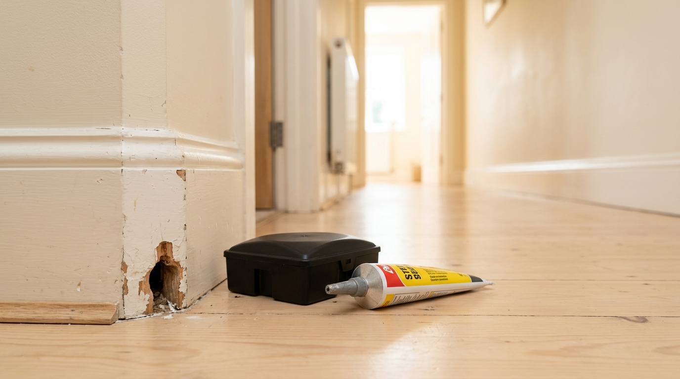 Small gnawed hole at the base of a painted skirting board, with a closed bait station and sealant tube beside it.