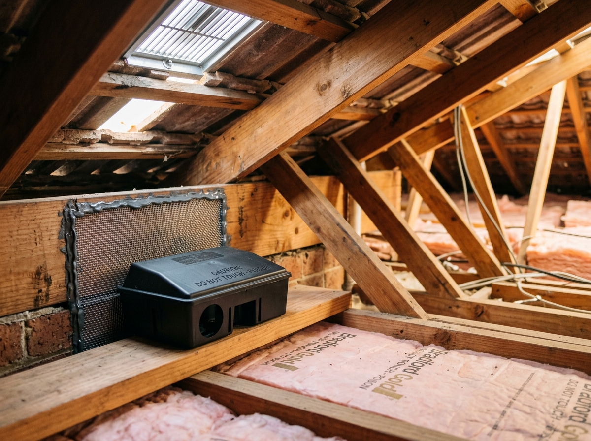 Tidy roof space with a black bait station beside a steel mesh and sealant patch on the timber wall plate, under rafters.